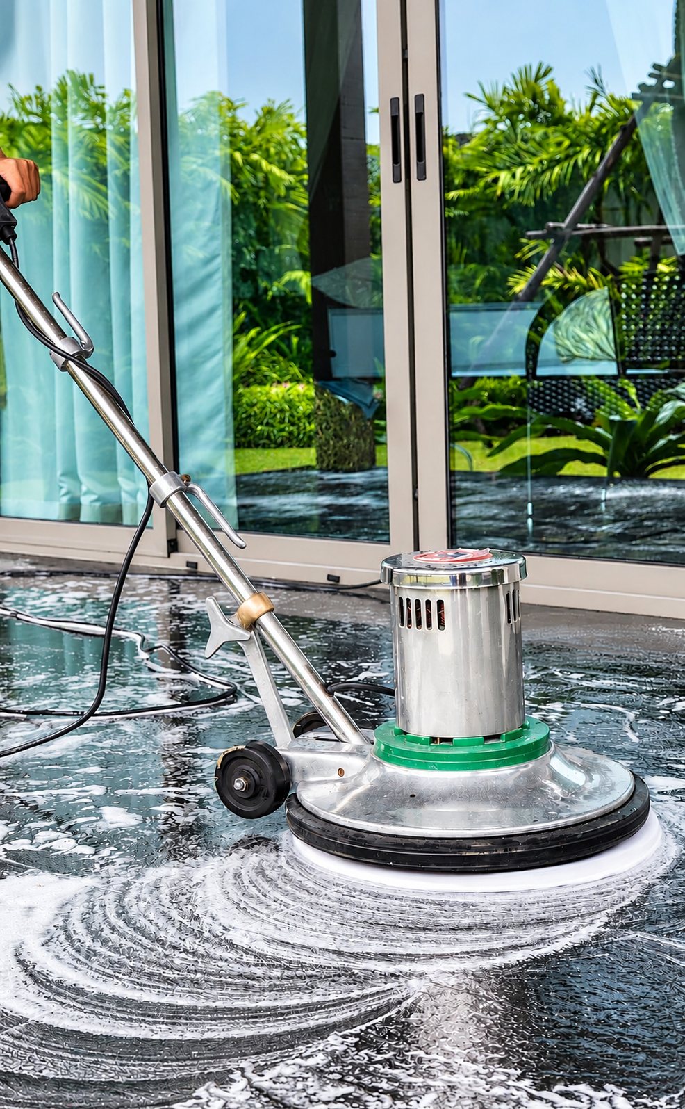 Monobrosse chromée faisant mousser le sol sombre d’une terrasse devant de grandes baies vitrées