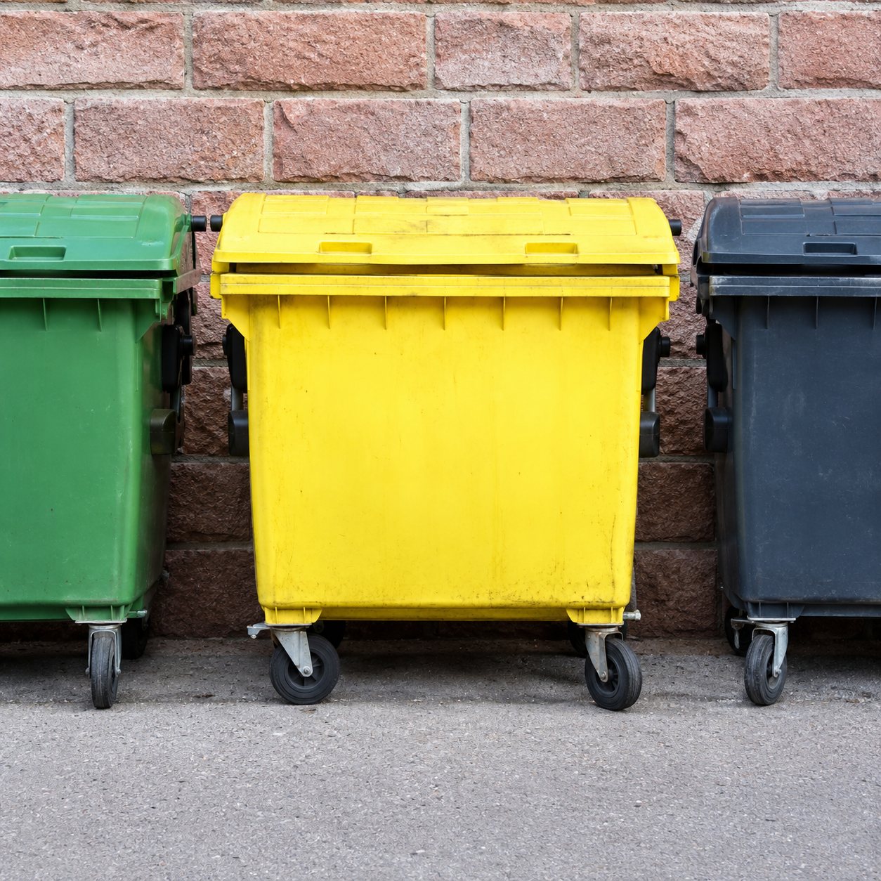 Trois grands bacs roulants à déchets, vert, jaune et noir, alignés devant un mur de briques
