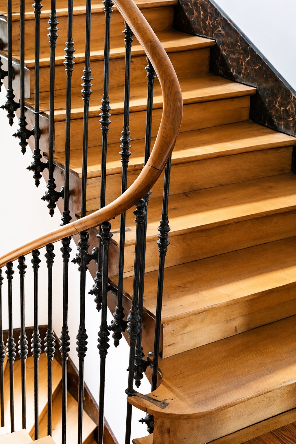 Escalier tournant en bois massif avec une main courante galbée et des barreaux en fer forgé