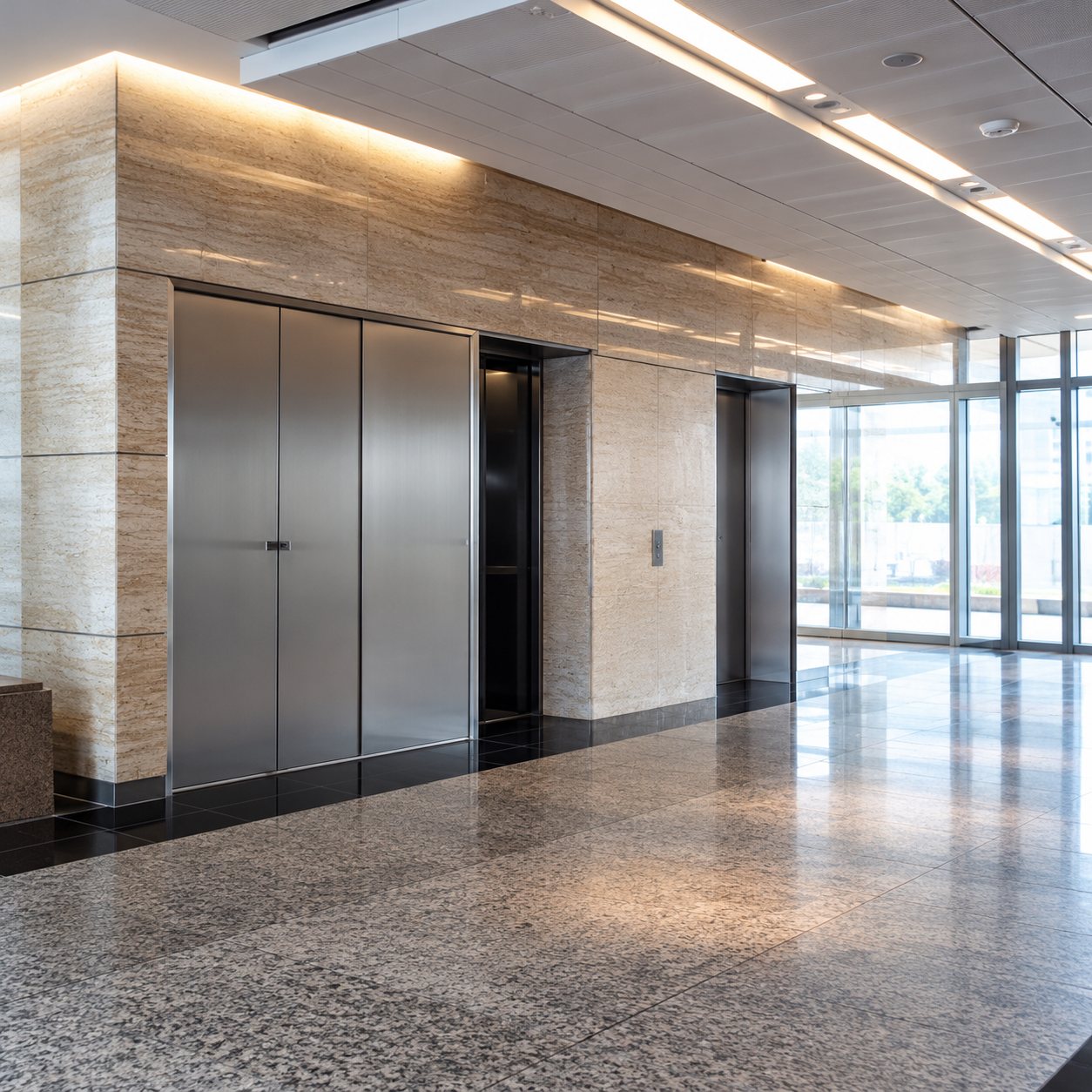 Hall d’entrée moderne et lumineux avec deux portes d’ascenseur et un sol en béton ciré