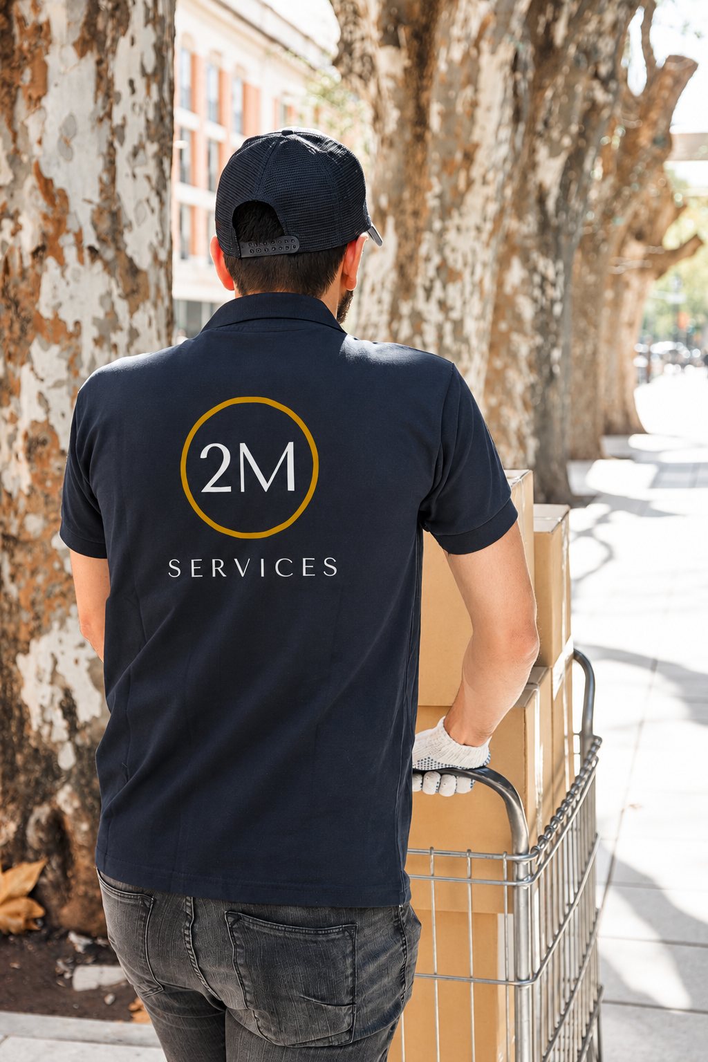 Livreur en polo 2M Services poussant un chariot chargé de cartons