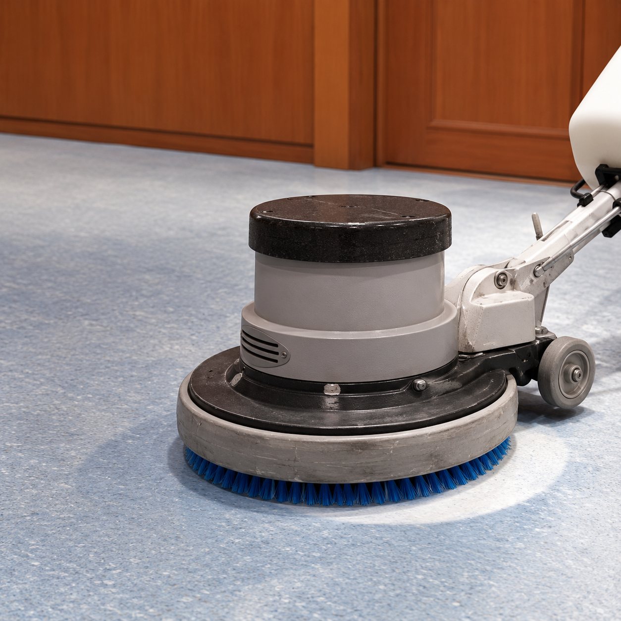 Machine monobrosse circulaire nettoyant un sol gris devant des boiseries