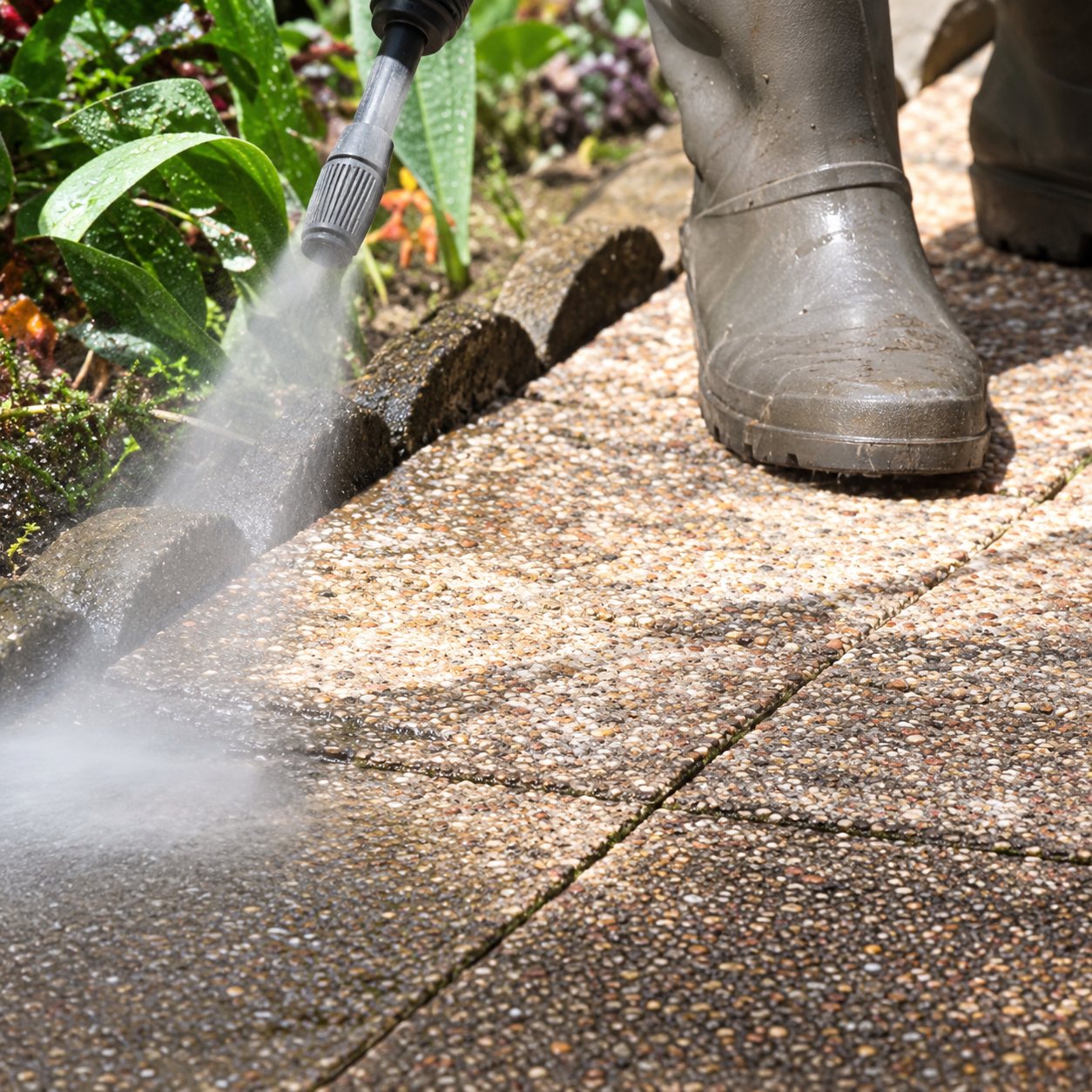 Personne en bottes nettoyant une surface dallée en extérieur avec un jet d’eau à haute pression