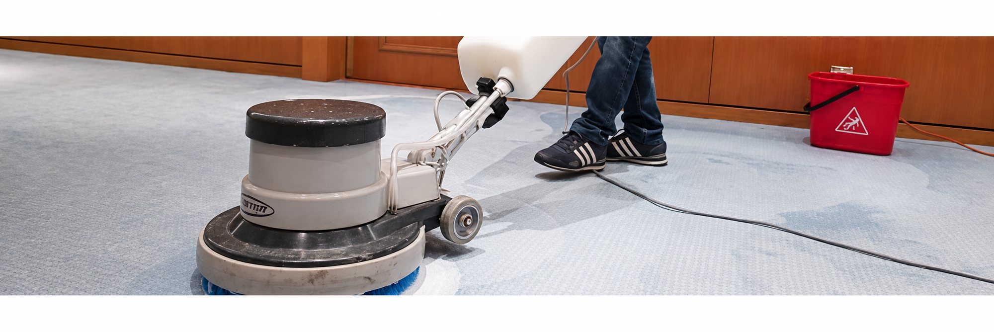 Opérateur nettoyant une moquette grise avec une monobrosse équipée d’un réservoir blanc
