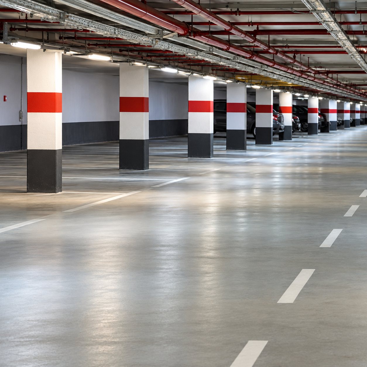 Parking souterrain propre avec des piliers blancs ornés de bandes rouges