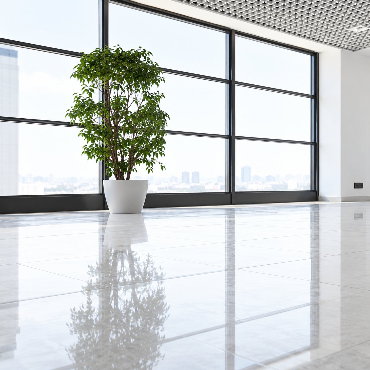 Grande plante verte en pot blanc dans un hall lumineux au sol brillant